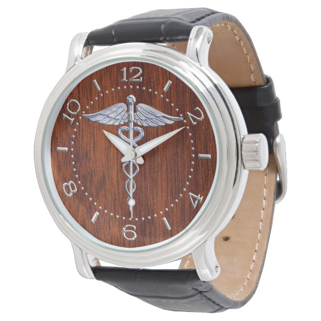 Silber wie Caduceus Medical Symbol Mahogany Dial Armbanduhr (Schrägansicht)