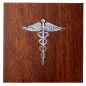 Silber wie Caduceus Medical Symbol Mahogany Print Fliese (Vorderseite)