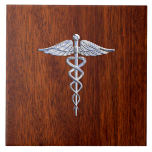 Silber wie Caduceus Medical Symbol Mahogany Print Fliese