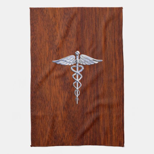 Silber wie Caduceus Medical Symbol Mahogany Print Geschirrtuch (Vertikal)