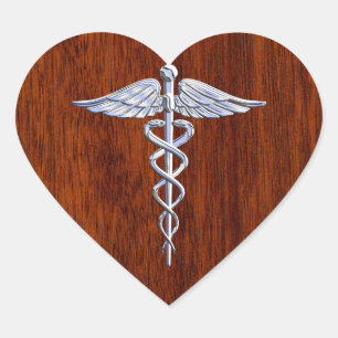 Silber wie Caduceus Medical Symbol Mahogany Print Herz-Aufkleber