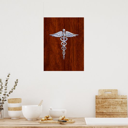 Silber wie Caduceus Medical Symbol Mahogany Print Poster (Küche)