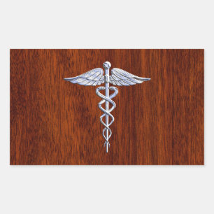 Silber wie Caduceus Medical Symbol Mahogany Print Rechteckiger Aufkleber
