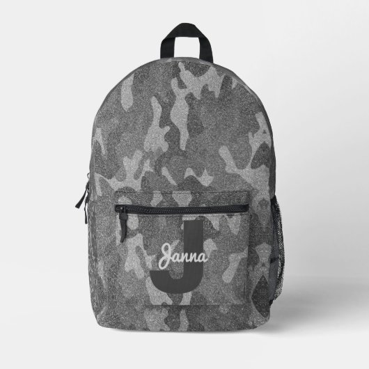 Silber- & Zinn-Kampfdruck-Glitzer-Monogramm Bedruckter Rucksack (Vorderseite)