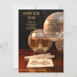 Silberballons Neujahr Champagnerflöten Einladung