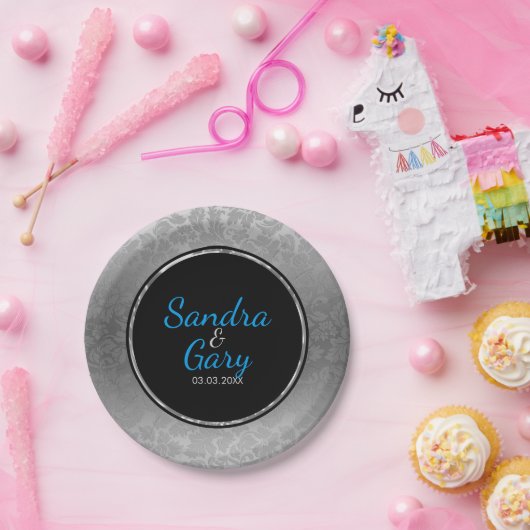 Silberbeschlag, schwarzer Kreis mit Silberring Pappteller (Party)