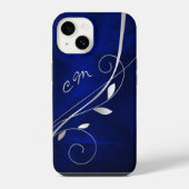 Silberblattwirbel königsblaues Monogramm iPhone Hülle (Rückseite)