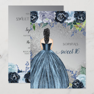 Silberblau glänzendes Kleid Sweet 16 Geburtstag Einladung