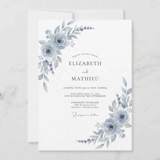 Silberblaue Aquarell-Blumenhochzeit Einladung (Vorderseite)