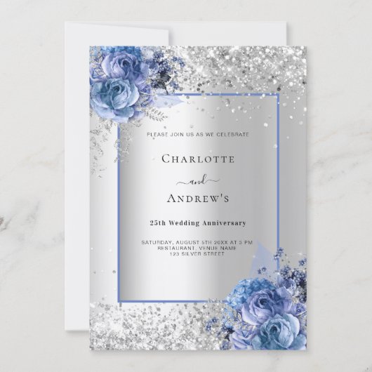 Silberblaue Blumen 25. Hochzeitstag Einladung (Vorderseite)