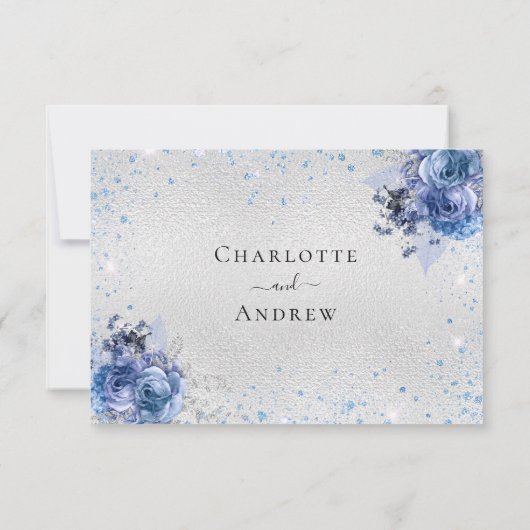 Silberblaue Blumen elegante Hochzeitsfeier UAWG RSVP Karte (Rückseite)