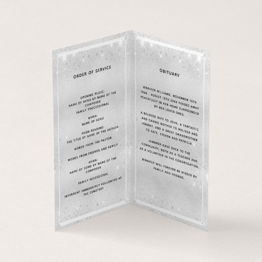 Silberblaue Blumen Foto Glitzer Beerdigung Program (Innenseite)