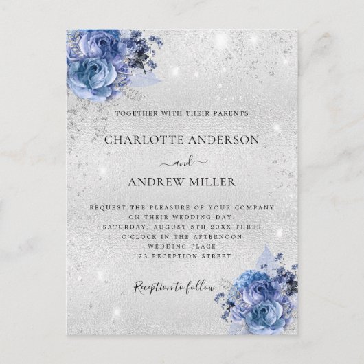 Silberblaue Blumen Hochzeit Einladungspostkarte (Vorderseite)