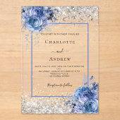 Silberblaue Blumen Hochzeit Luxus Acryleinladungen (Vorderseite)