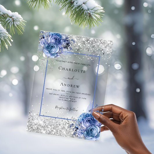 Silberblaue Blumen Hochzeit Luxus Acryleinladungen