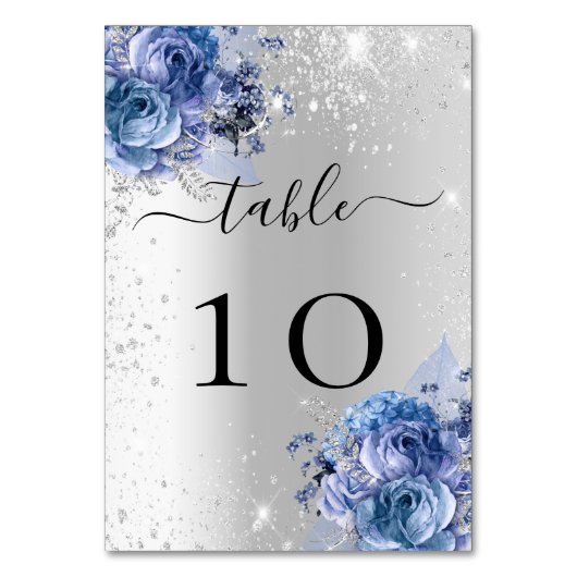 Silberblaue Blumen Hochzeitsfeier Tischnummer (Rückseite)