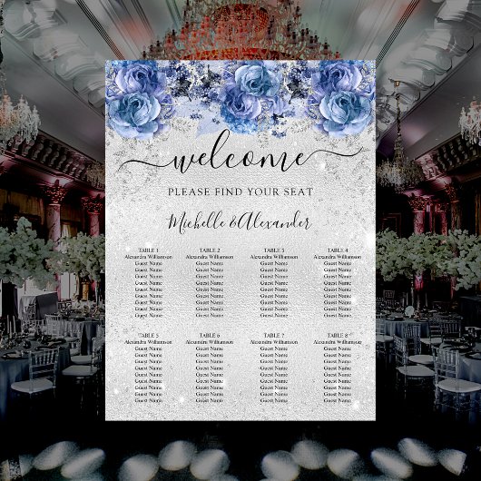 Silberblaue Blumen Hochzeitskarte Poster