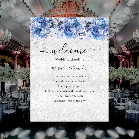 Silberblaue Blumen Hochzeitsprogramm Poster