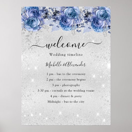 Silberblaue Blumen Hochzeitsprogramm Poster (Vorne)