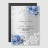 Silberblaue Blumen laden zu einer luxuriösen Hochz Magneteinladung (Vorne/Hinten)