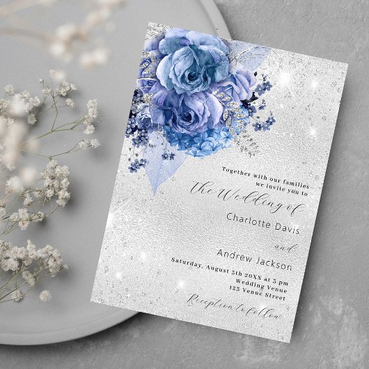 Silberblaue Blumen Luxus Hochzeit Einladung