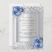 Silberblaue Blumen Luxus Hochzeitsempfang Einladung (Vorderseite)