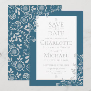 Silberblaue Blumen-Spitze Save-the-Date-Karte Einladung