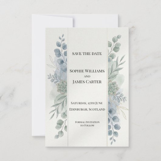 Silberblaue Eukalyptus-Hochzeitstag-Karte Save The Date (Vorderseite)