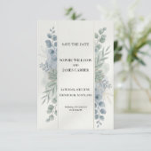 Silberblaue Eukalyptus-Hochzeitstag-Karte Save The Date (Stehend Vorderseite)
