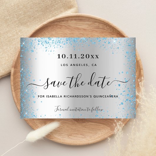 Silberblaue Glitzern aus Quinceanera Save the Date Ankündigungspostkarte