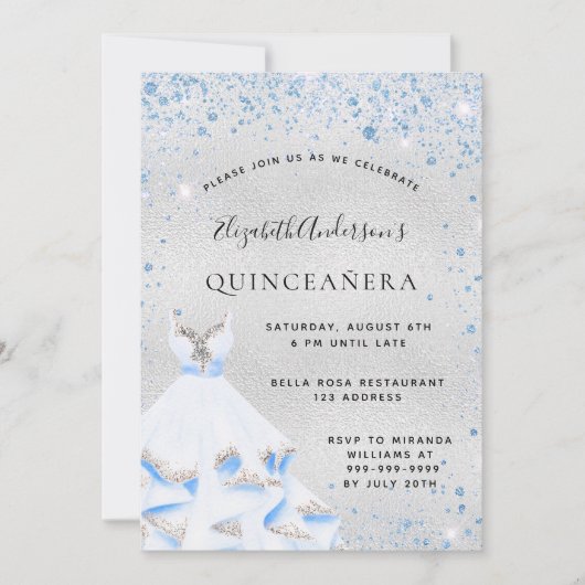 Silberblaue Glitzern aus Quinceanera tragen elegan Einladung (Vorderseite)
