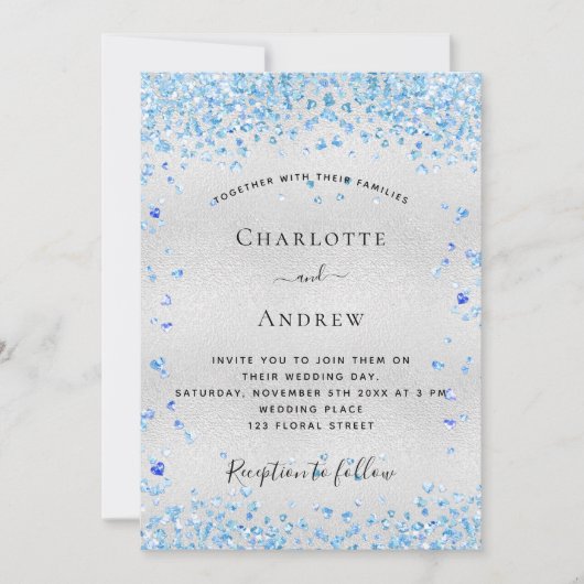 Silberblaue Herzen QR Code UAWG Hochzeit Einladung (Vorderseite)