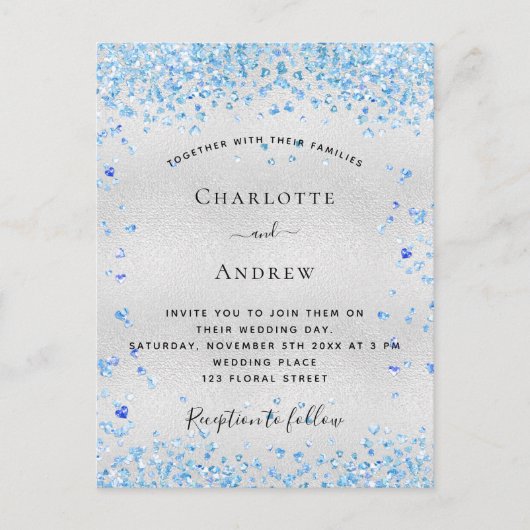 Silberblaue Herzen QR Code UAWG Hochzeit Einladungspostkarte (Vorderseite)