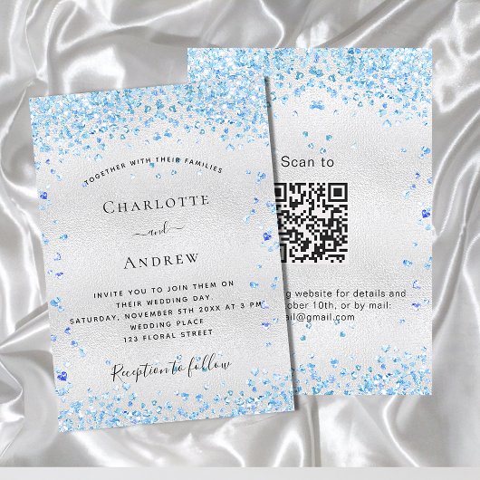 Silberblaue Herzen QR Code UAWG Luxus Hochzeit Einladung