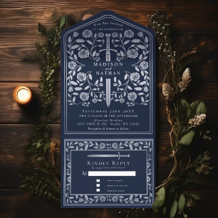 Silberblaue königliche mittelalterliche Hochzeitss All In One Einladung