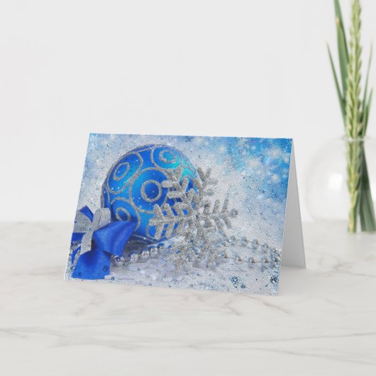 Silberblaue Ornamente Feiertagskarte (Vorderseite)