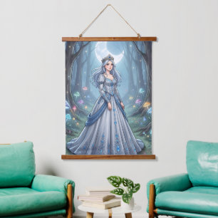 Silberblaue Prinzessin im Wald Wandteppich Mit Holzrahmen