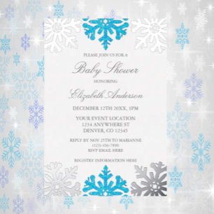 Silberblaue Schneeflocke Winter-Baby-Party Folieneinladung