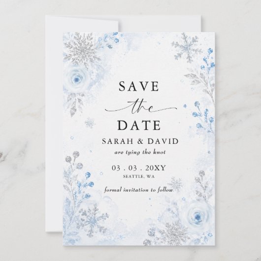 Silberblaue Schneeflocken-Blumen-Winter-Hochzeitsf Save The Date (Vorderseite)