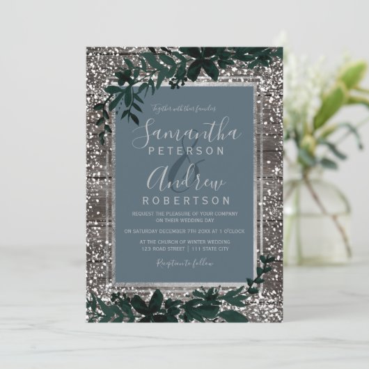 Silberblaue Typografie-Blattschneebesen Einladung (Stehend Vorderseite)