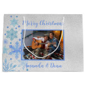 Silberblaue Weihnachtsschneeflocken Foto Große Geschenktüte (Vorderseite)