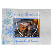 Silberblaue Weihnachtsschneeflocken Foto Große Geschenktüte (Rückseite)