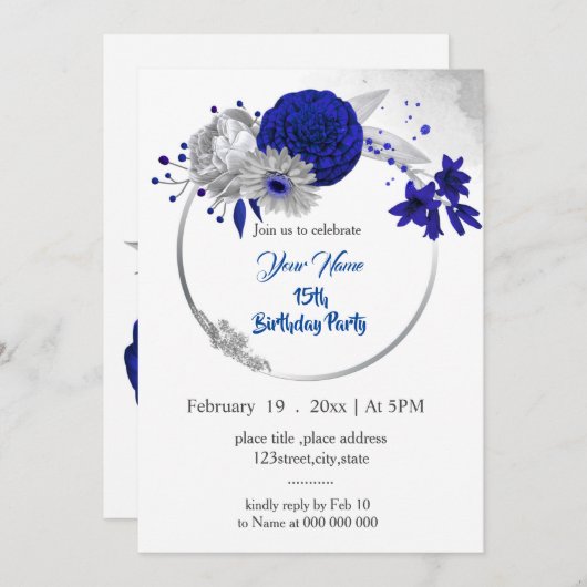 Silberblauer Blumenkranz Geburtstag Einladung (Vorne/Hinten)