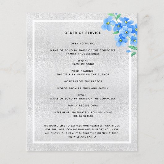 Silberblauer Foto Beerdigung Programm (Rückseite)