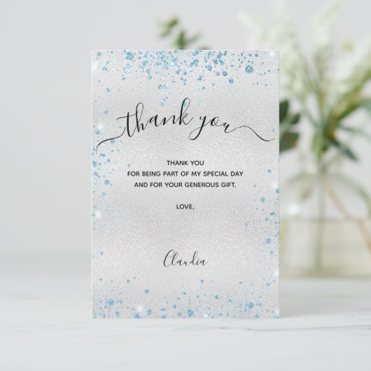 Silberblauer Glitzer Dankeschön Karte (Stehend Vorderseite)