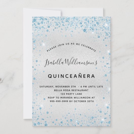 Silberblauer Glitzer Quinceanera Einladung (Vorderseite)