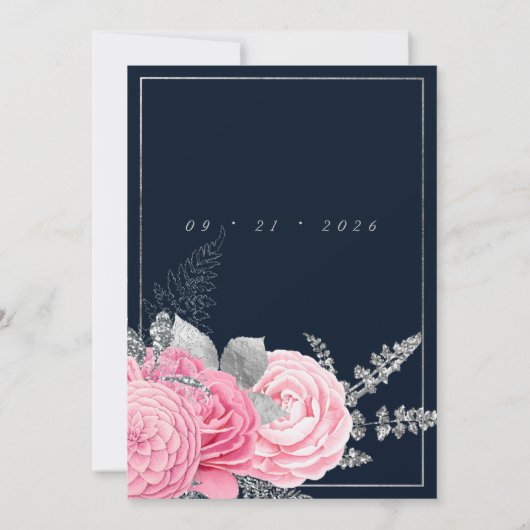 Silberblauer Glitzer Rosa Blumenhochzeit Einladung (Rückseite)