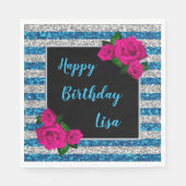 Silberblauer Glitzer Streifen Rosa Rosen Geburtsta Serviette (Vorderseite)