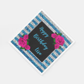Silberblauer Glitzer Streifen Rosa Rosen Geburtsta Serviette (Ecke)