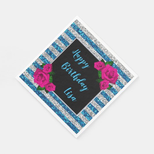 Silberblauer Glitzer Streifen Rosa Rosen Geburtsta Serviette (Ecke)
